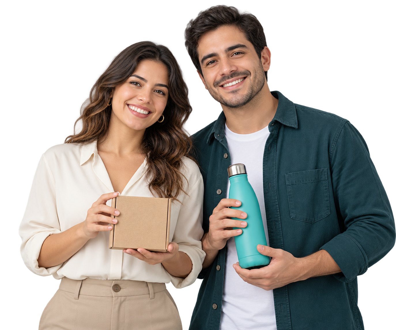Dos emprendedores sonriendo con un regalo y un termo promocional